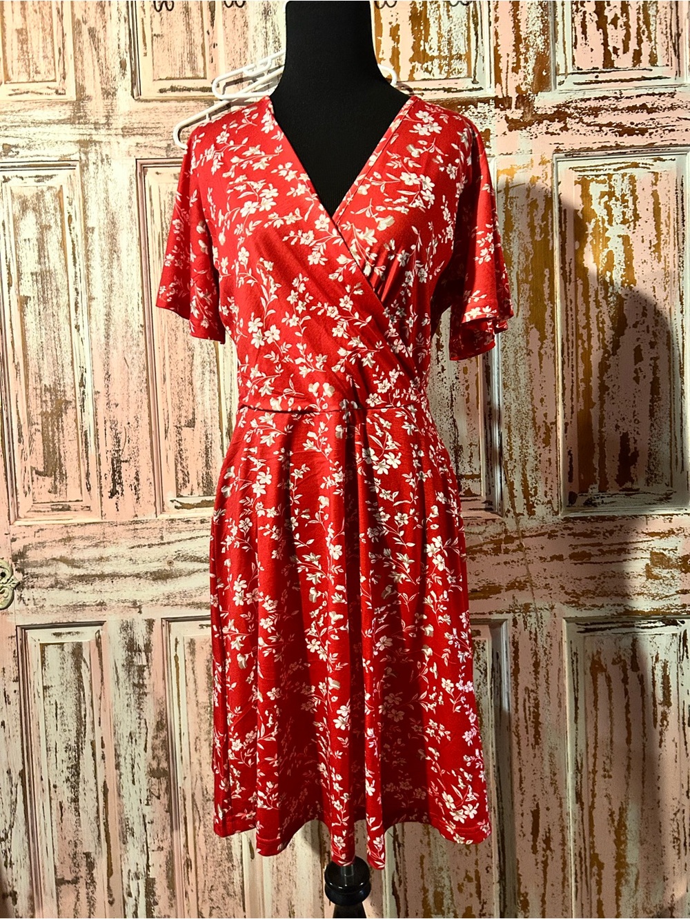 Fensace Red Floral Wrap Midi Dress
